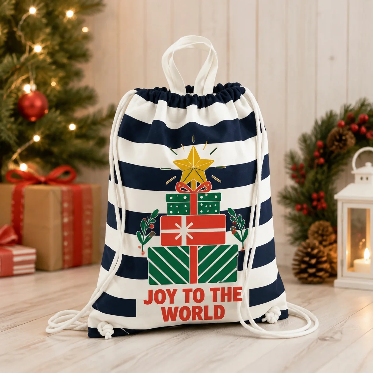 Custom Drawstring Backpack Bag Christmas Holly Bell Custom Name Photo Text Large Holiday Gift Sack For Women Men Christmas Gifts