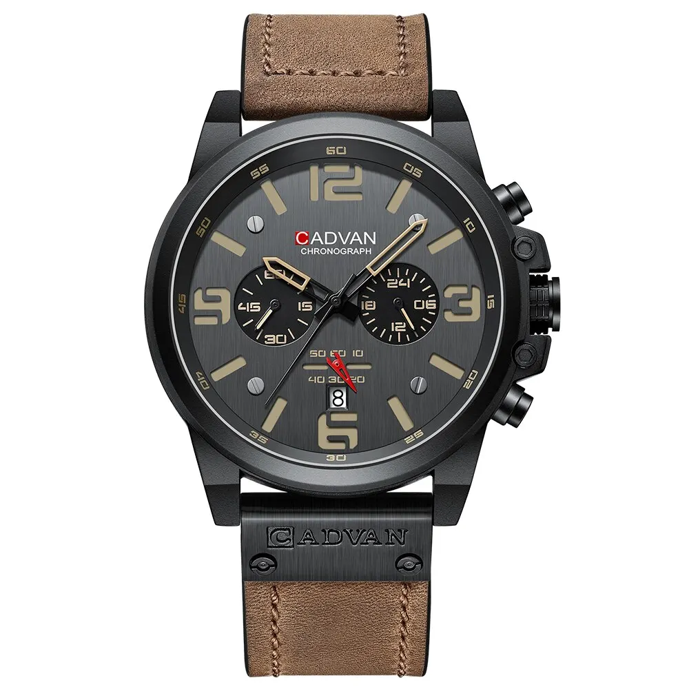 Cadvan herren uhren top luxus marke wasserdichte sport armbanduhr chronograph quarz militär echt leder armbanduhr