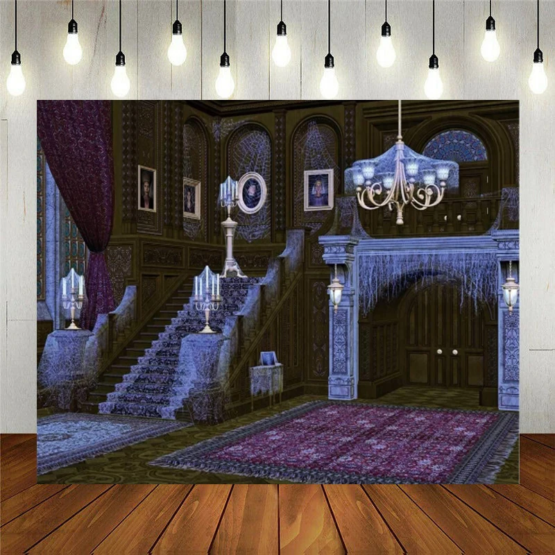 Halloween Haunted House Photography Backdrop Middle Ages Retro Spooky Deserted Mansion Spider Web Stairs Background Decor