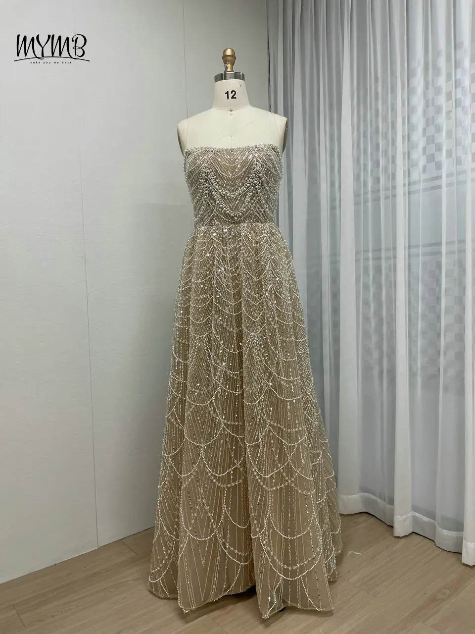 MYMB Champagne Stunning Beaded A-Line Girls Princess Prom Party Gowns Arabic Strapless Lace Up Back Evening Dresses with Gloves