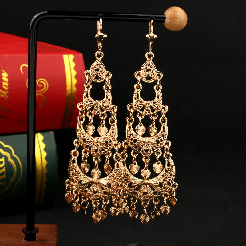 Luxury Heart Tassels Dangle Earring Gold Plated French Hook Moon Shape Drop Earrings Arabic Muslim Wedding Jewelry