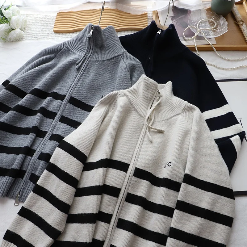 Cárdigan abierto de punto con doble cremallera a rayas coreanas para mujer, suéter versátil holgado y adelgazante para invierno, Jaet Lazy Sle