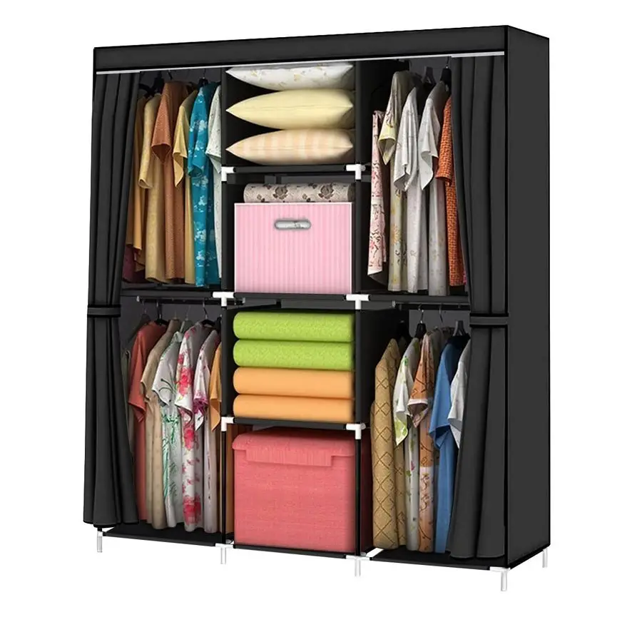 

Portable Closet 50 Inch Wardrobe for Hanging Clothes with NonWoven Fabric Cover, 4 Hang Rods and 4 Storage Organizer Shelves, Br