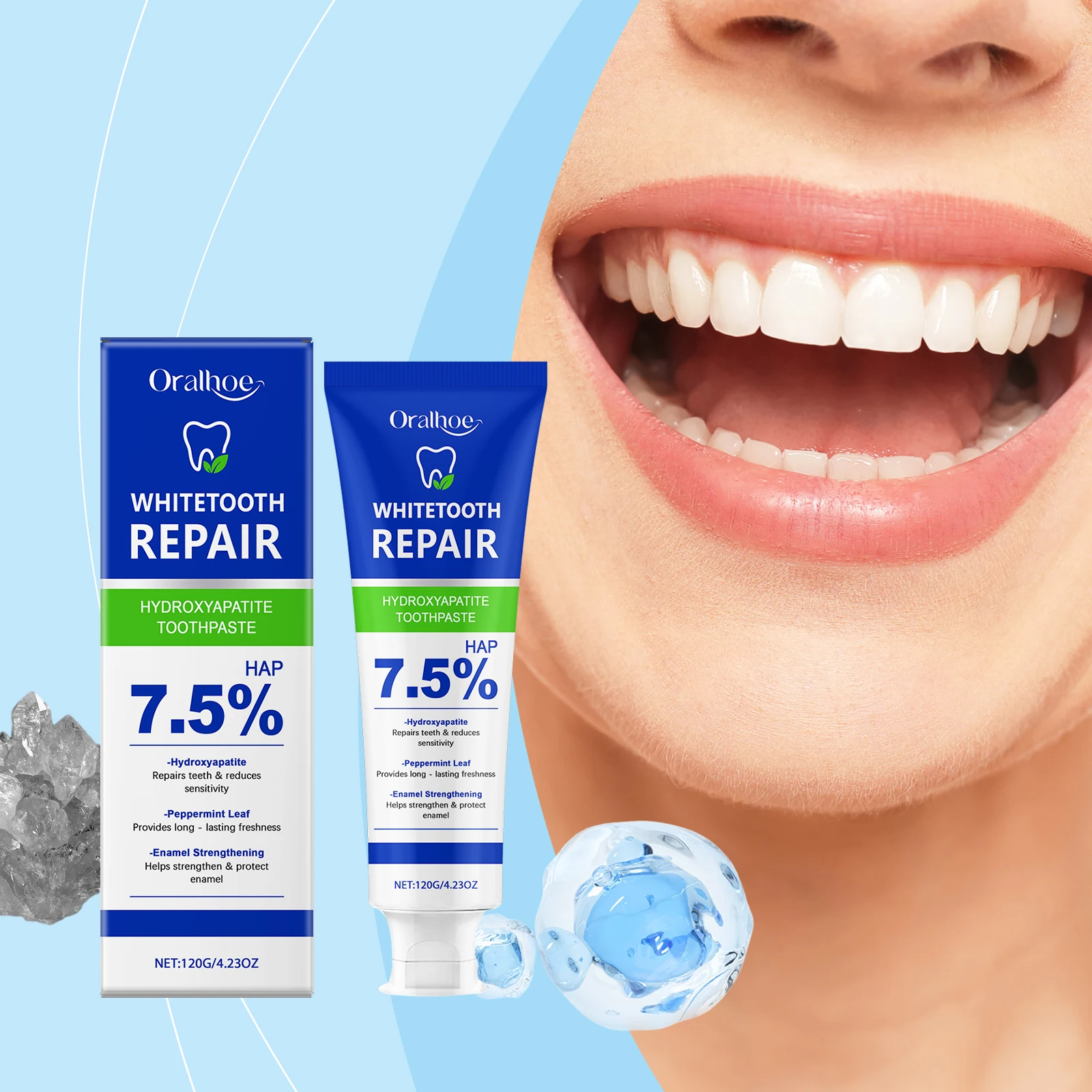 Reparación de pasta de dientes de hidroxapatita, elimina el mal aliento, manchas de placa, limpieza profunda de manchas, pasta de dientes iluminadora