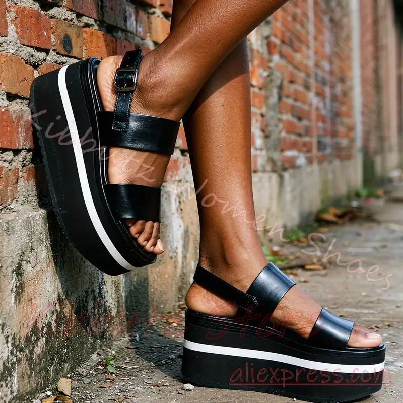 Platform Sandal Buckle Strap Open Toe Thick Sole Goth Punk Shoes Women Leather Round Toe Mixed Color Fashion Elegant Concise New