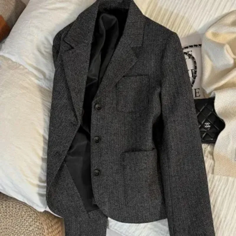 Women Stylish Autumn Winter Herringbone Wool Blazer Gray Short Suit Jacket Commute Formal Office Outerwear