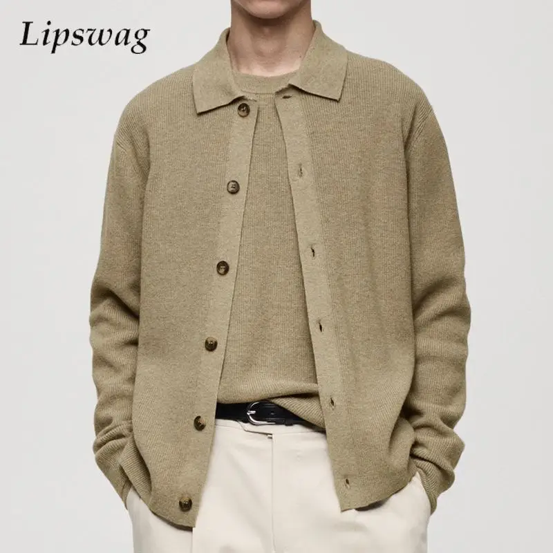

Стильные мужские свитера на пуговицах с лацканами, осень-зима, уличный повседневный вязаный кардиган, топы, мужские модные однотонные вязаные куртки