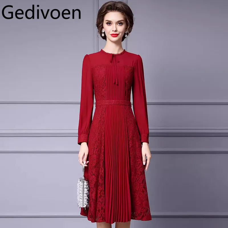 Gedivoen Autumn Winter Women's Dress Long-Sleeved Chic Lace Splicing High Waiste Vintage Temperament Party Pleated Dresses