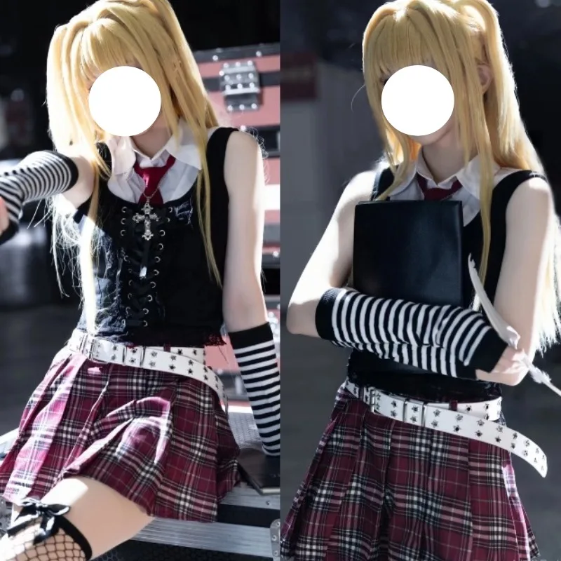 

Anime MisaMisa Costume Death Cosplay Note White Shirt JK Skirt School Uniform Yellow Wig Full Set for Women Halloween Party