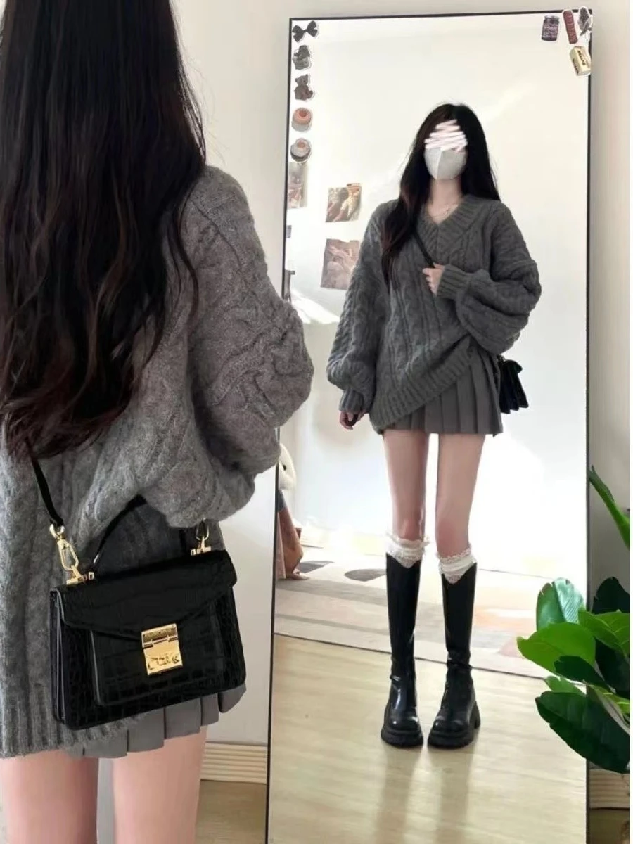 Salt Series Lazy Sle Strickwaren-Rock-Set Herbst Winter Mode Lässig Warm Polyester V-Ausschnitt Mittelhohe Taille Zweiteiliger Anzug