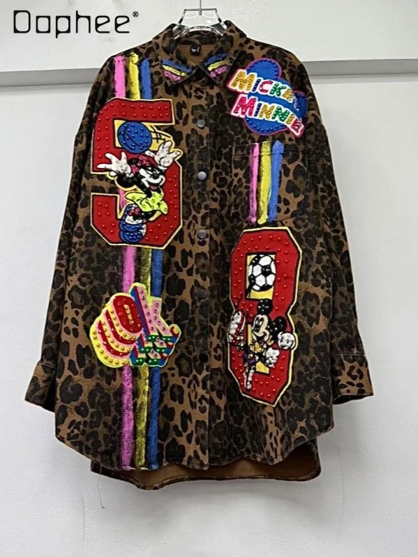 

2023 весна и осень, новая рубашка с леопардовым принтом для женщин, модная рубашка средней длины в уличном стиле, дизайн, рубашка с героями мультфильмов, топ