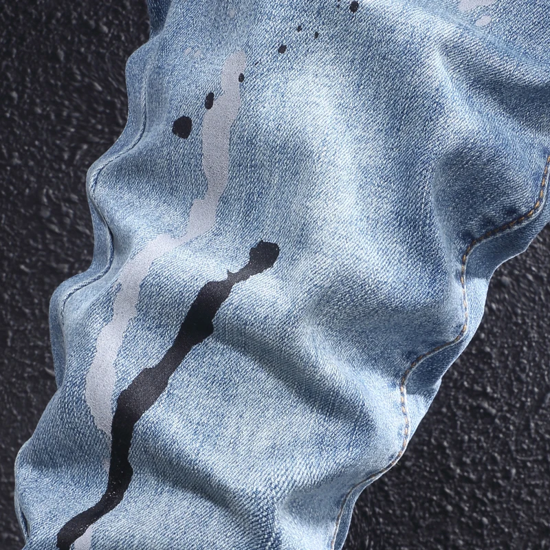 Street Fashion Men Jeans Retro Blue Stretch Slim Fit Ripped Jeans Men Painted Designer Y2K Hip Hop Vintage Denim Pants Hombre