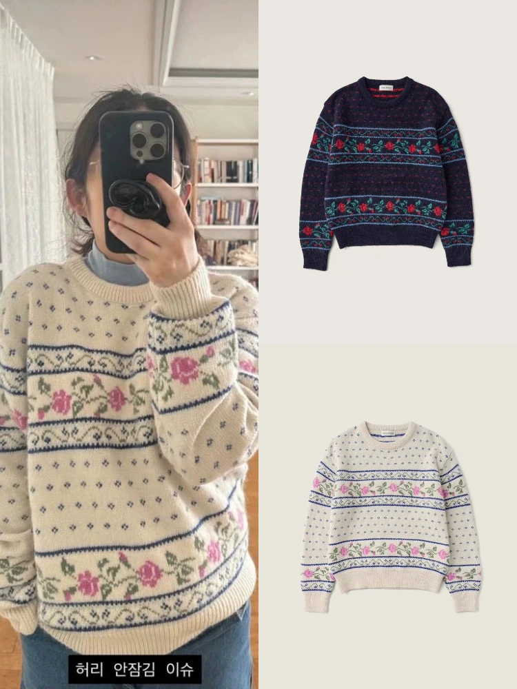 Morbido e accogliente maglione lavorato a maglia da donna sciolto motivo floreale vintage Dongdaemun Siene Rose ricamo lungo Sve rotondo Ne Top