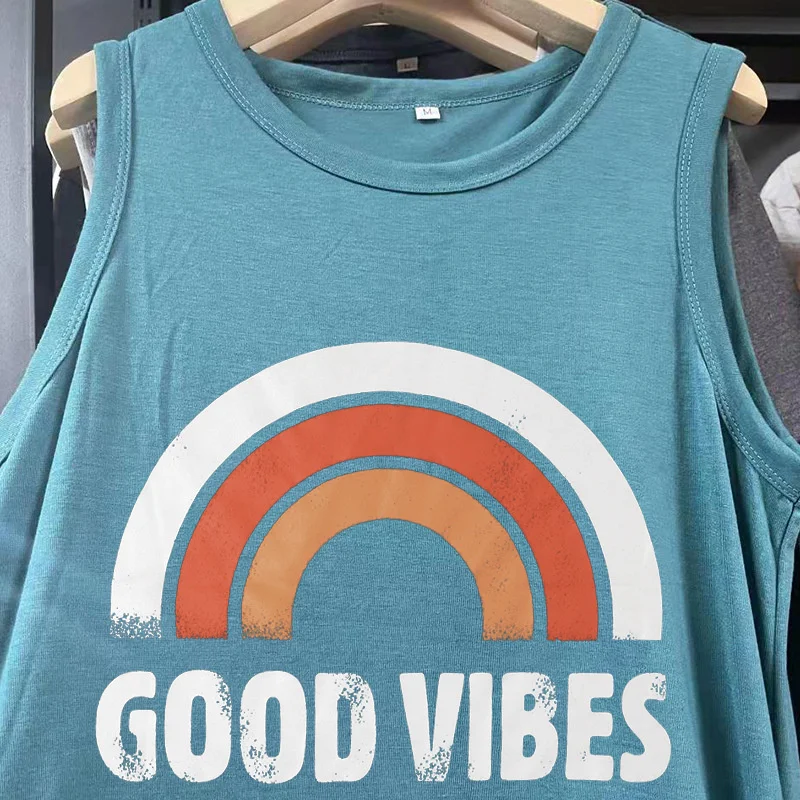 new fashionable cotton women's dress Good Vibes rainbow pocket casual vintage crewneck sleeveless vest dress