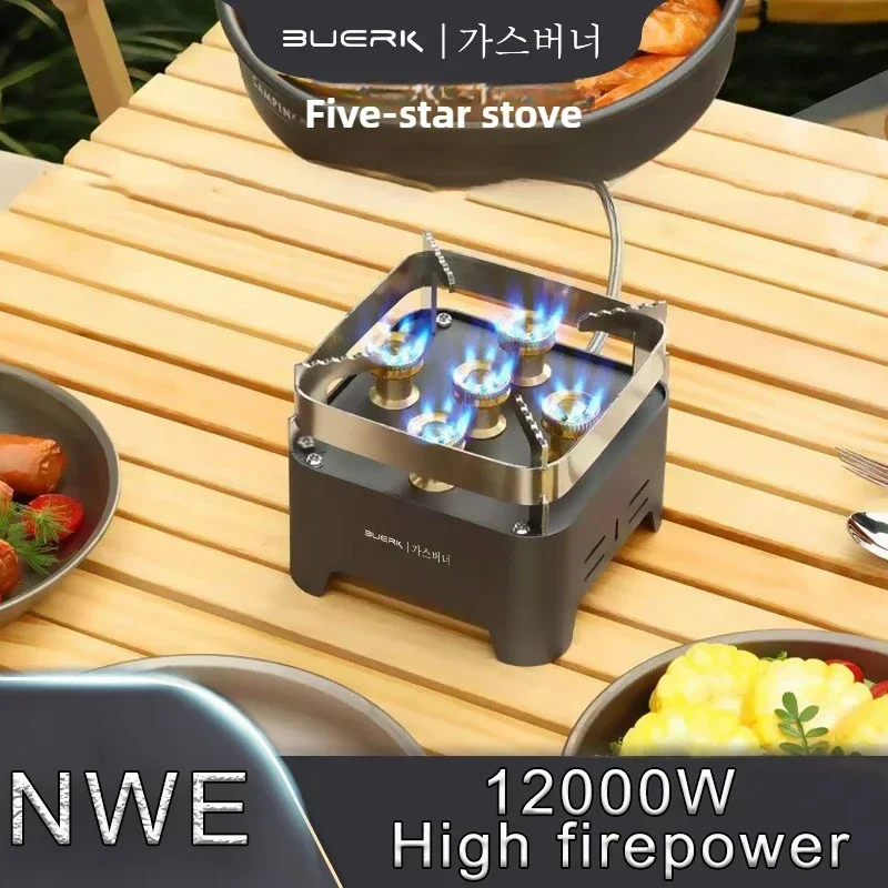 BUERK 12000W 5Core Camping Stove High-Power Strong Fire Portable Tourist Gas Burner Windproof Electronic Ignition Camp Equipment