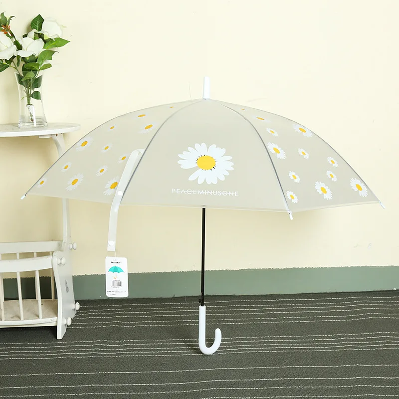 Transparent Daisy Long Handle Umbrella Super Light Flower Printing Umbrella 8 Bone Semi-Automatic Umbrellas for Women Kids