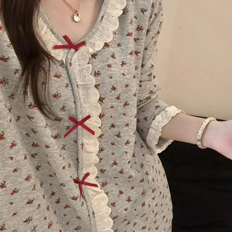 Lace Fashion Women's Long Sleeved Long Pants Sleepwear Spring and Autumn Spicy Girls' Cardigans Elegant Girl's Suit Home Clothes