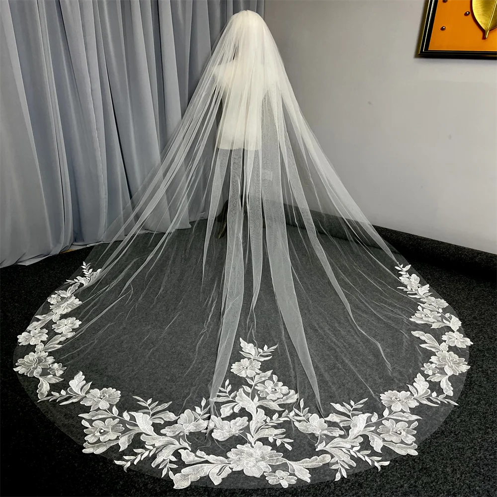 1 Layer 3-Meter Long Cathedral Wedding Veil with Comb Soft Tulle Lace Edge White Ivory Bridal Veil for Brides