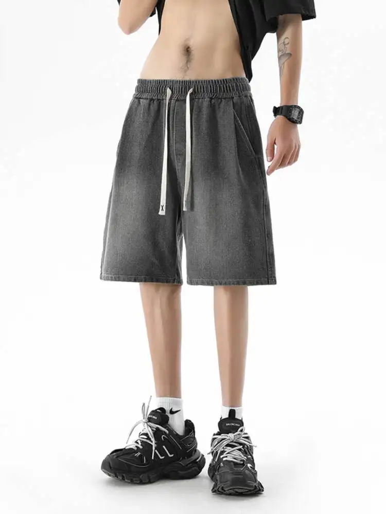 

Summer Thin Men's Denim orts Casual Loose Straight Leg Elastic Trendy Five-Quarter Pants Cotton Polyester Regenerated Fiber