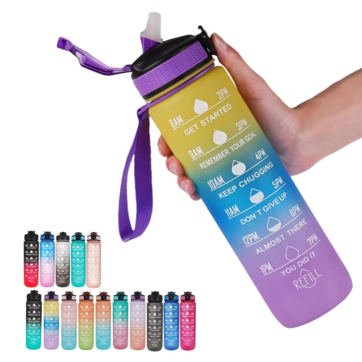 Gradient Color 1000ml Plastic Water Bottle with Straw Leak-Proof Sports Water Bottle for Outdoor Travel Fitness Cycling