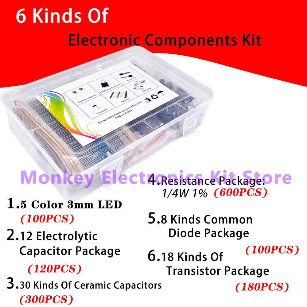 6 kinds components kit resistance electrolysi capacitor triode diode To-92 LED mixed DIY repair experiment electronic components