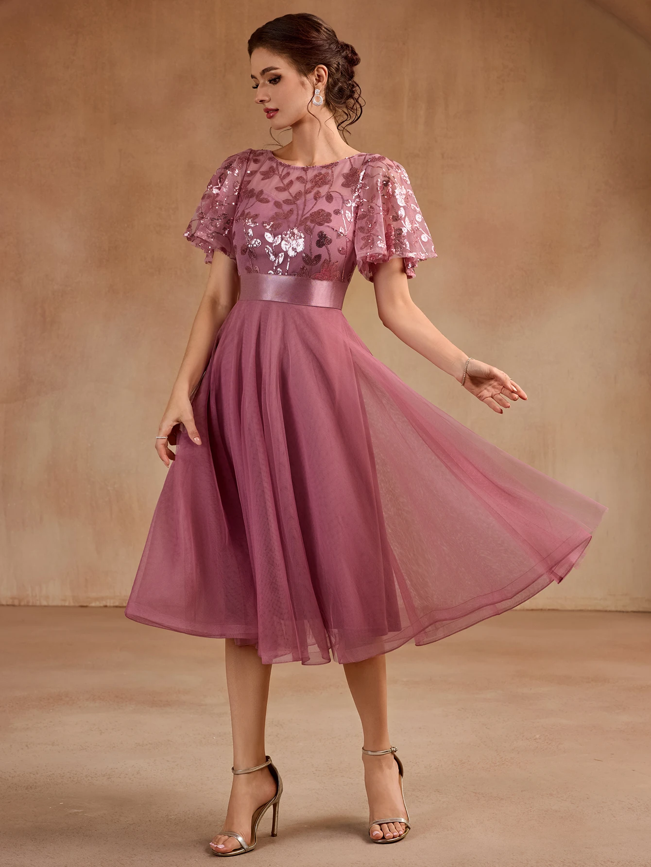 2025 جديد قصير الأكمام س الرقبة ثوب مسائي الدانتيل التطريز فستان خادمات الزفاف ألف خط الكرة ثوب حفلة عيد ميلاد فستان #5