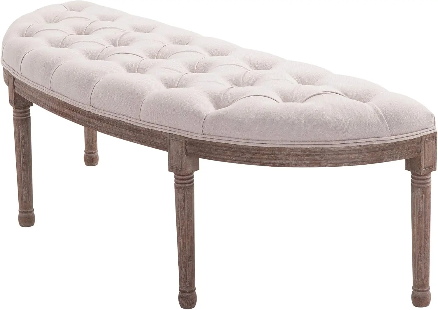 Panca Fondoletto Semicircolare con Struttura in Legno e Imbottitura in Stile Chesterfield, Beige, 140,5x51x48cm