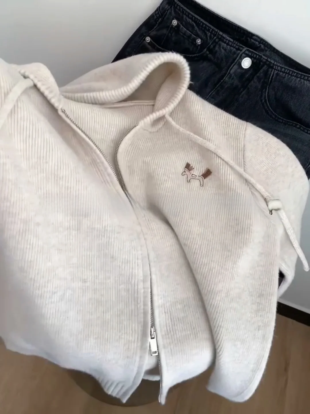 سترة بغطاء للرأس محبوكة من Laid-ba مع تصميم بسحاب مزدوج للخريف والشتاء، سترة على شكل قلب للفتيات مضادة للشيخوخة، مريحة وفضفاضة... #5