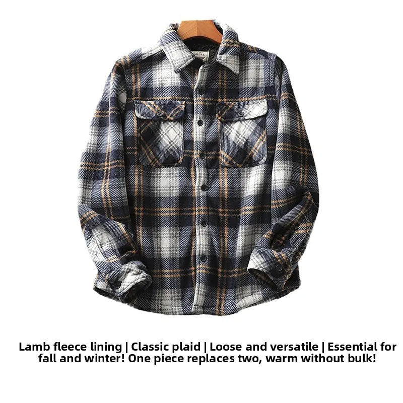 

Men's Plaid Flannel irt Warmth Thiened Fce Lamb Fur Jaet Loose Fit Winter Outerwear Trendy Long Sve Button up