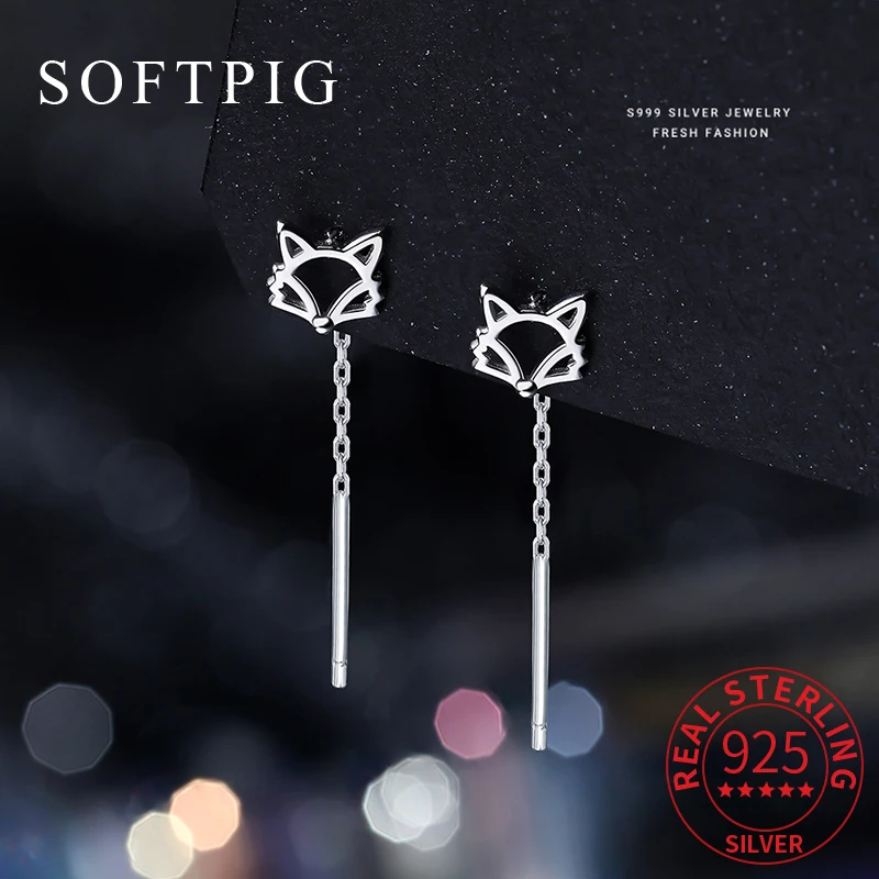 SOFTPIG ريال 925 فضة الجوف الثعلب سلسلة قصيرة شرابة وأقراط للنساء حفلة الحيوان غرامة مجوهرات اكسسوارات