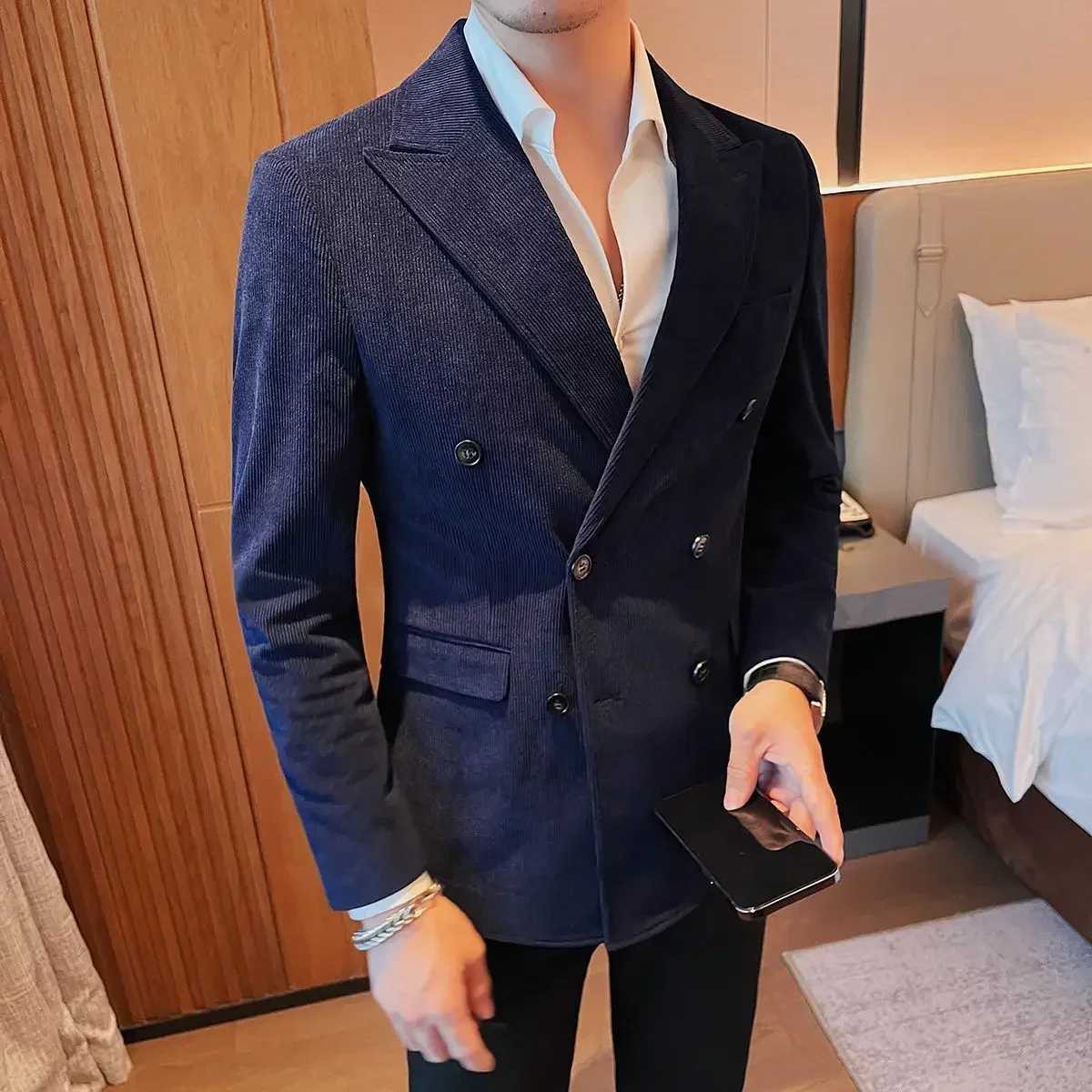 Man Corduroy Suits and Blazers High Quality Double Breasted Coats Simple Korean Style Clothes New In Elegant Jacket for Men