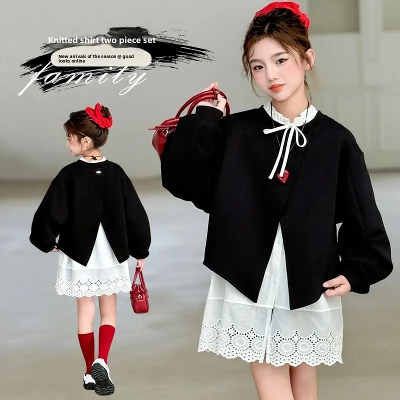 

Korean Version Girls' Lace White Long Sleeved Shirt+round Neck Long Sleeved Slit Hoodie 2025 Children's Fashion Top