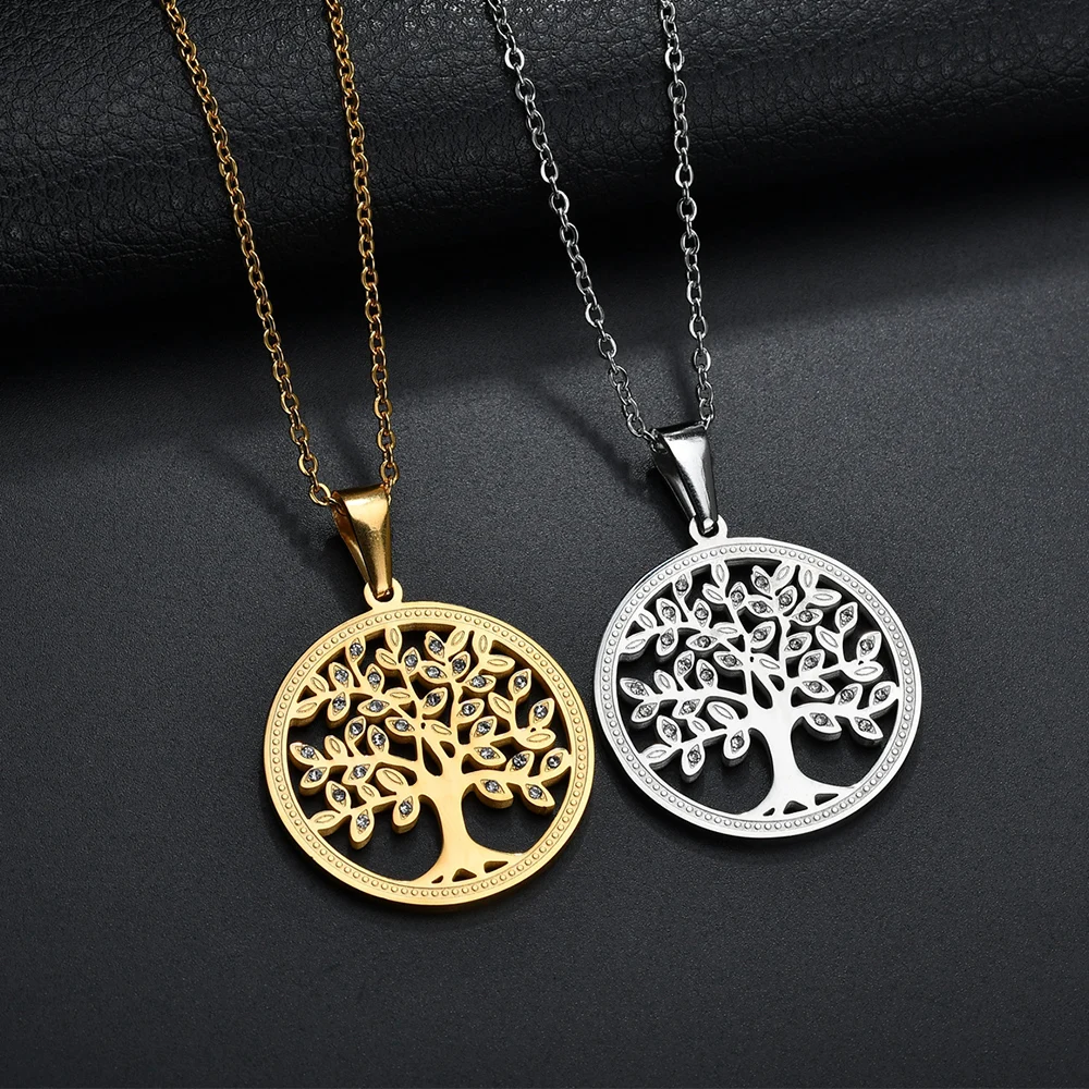 Raexrage Vintage Rhinestone Tree Of Life Necklaces Stainless Steel Detachable Round Pendant For Women Men Birthday Jewelry Gift