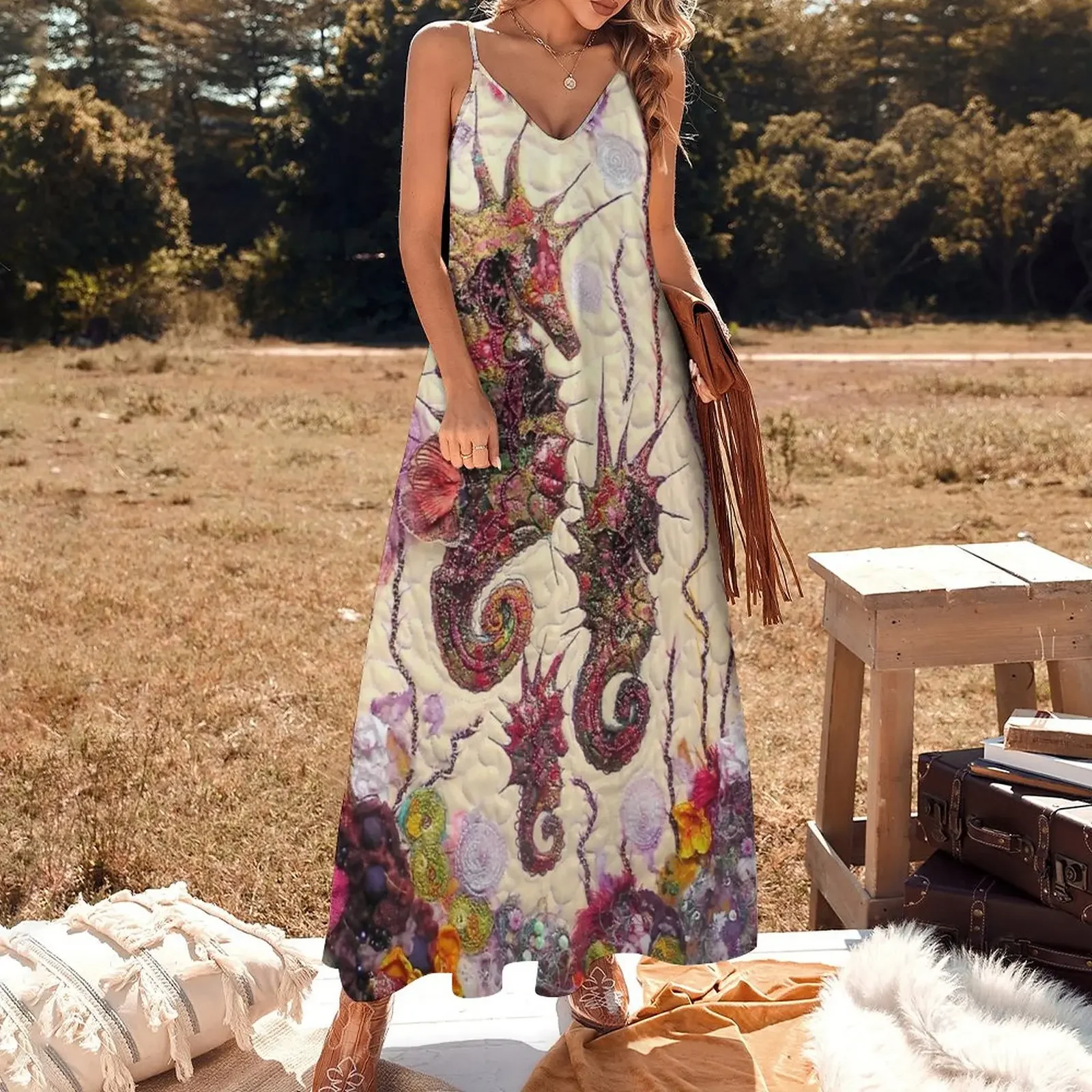 Sea Horses from an original textile embroidered wall hanging Sleeveless Dress dresses summer woman 2025