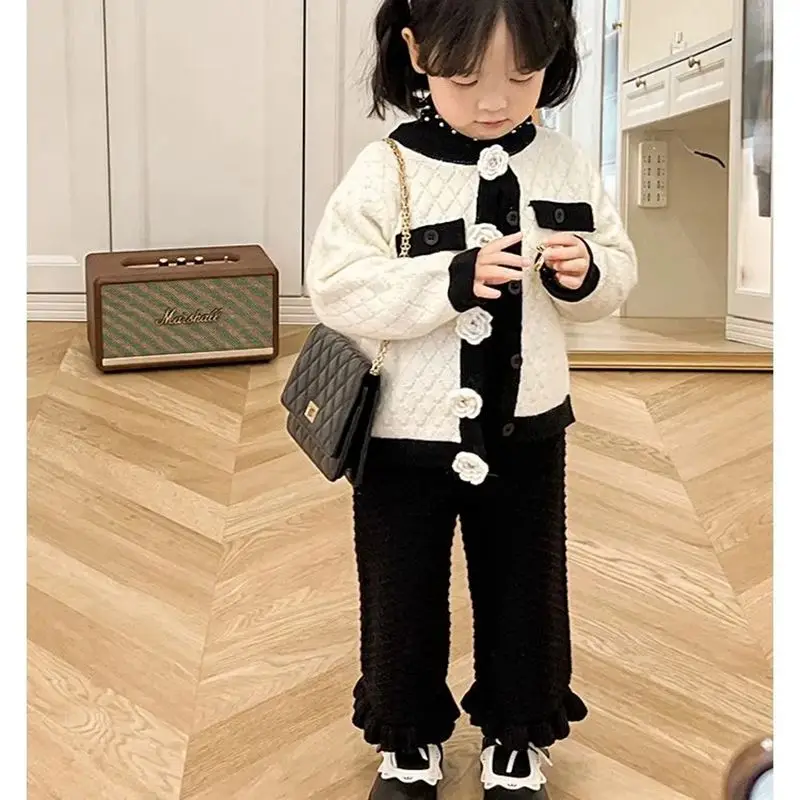 Spring Autumn Toddler Baby Girl Knit Wide Leg Pants Kids Loose Cute Lace Soft Pants for Girls Infant Girl Fall Trousers 1-10Year