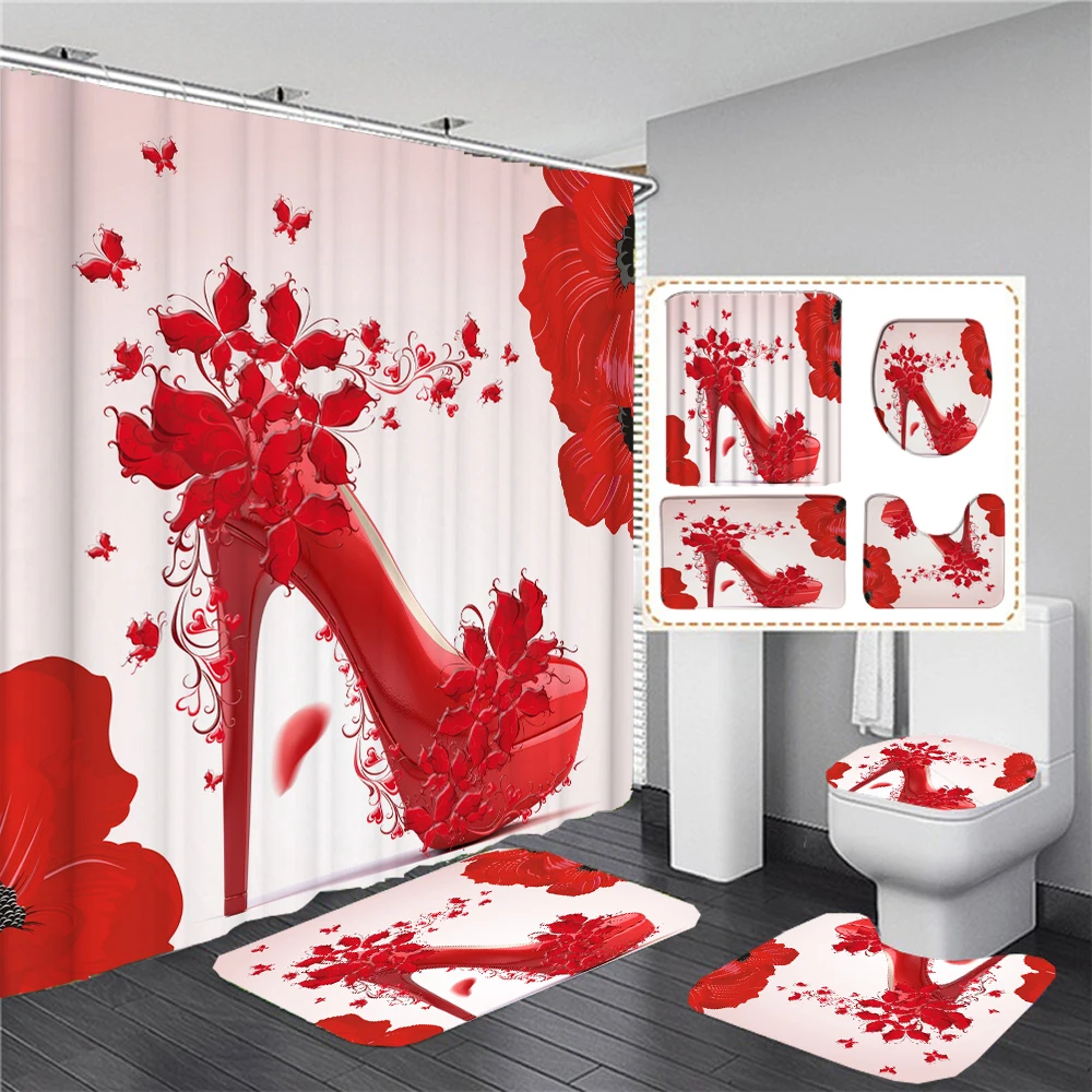 Red high-heeled Shoes Print Shower Curtain Girl Bathroom Partition Waterproof Bath Screen Toilet Bathtub Mat Set Home Decoration