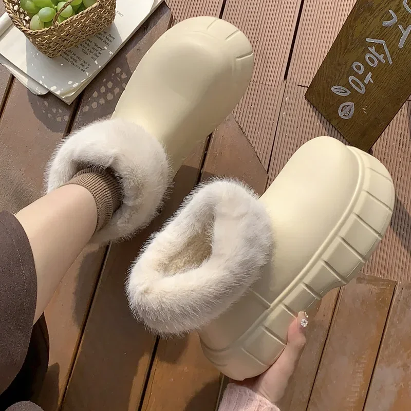 

High Top Waterproof Cotton Shoes for Women's Winter Outdoor Plush EVA Thick Soled Rain Boots Green Keep Warm Botines Ladies