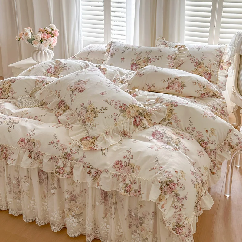 100% Cotton Princess Lace Ruffles Bedding Set Luxury Flowers Printing Duvet Cover Sets Bed Skirt Pillowcases Home Textile