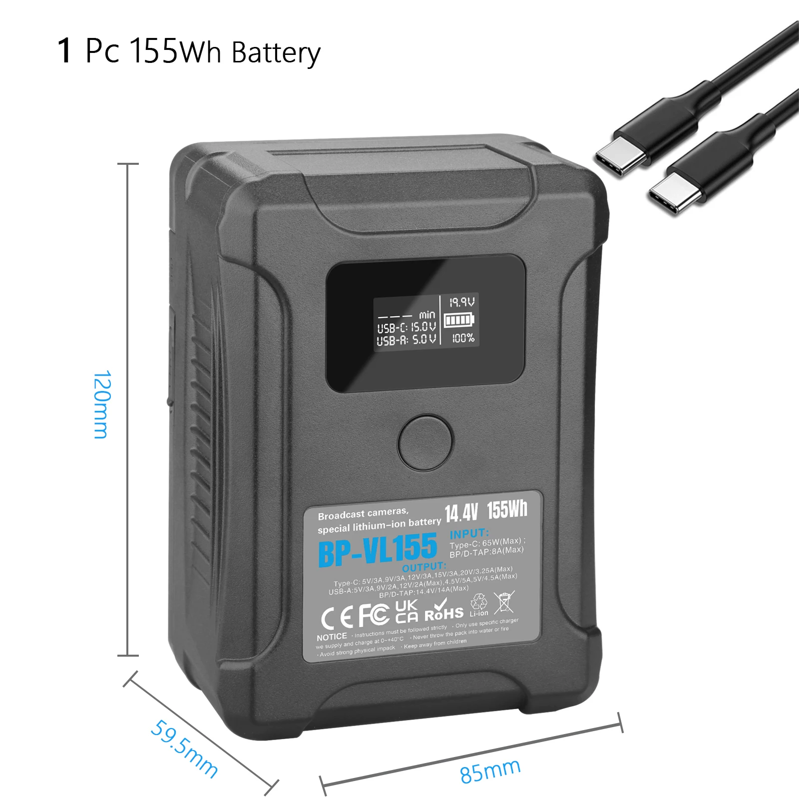 2個セット Powerextra BP-VL155 Vマウントバッテリー BP-VL155 V マウント バッテリー/V ロック バッテリー、Type-C/D-TAP