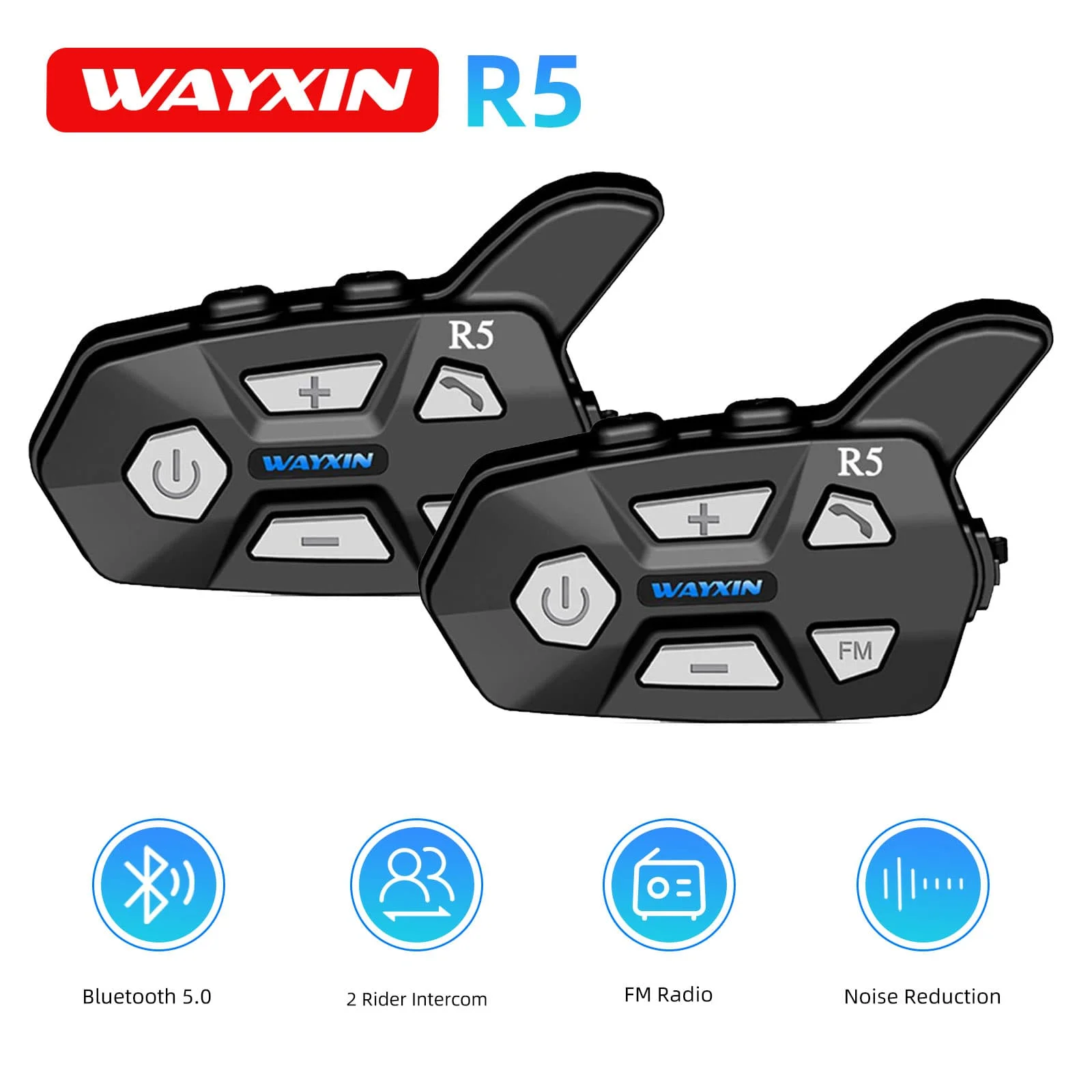 WAYXIN R5 Motorcycle Intercom Helmet Headsets FM Radio, BT5.0 Communication Interphone Intercomunicador Moto, Waterproof 2 Rider