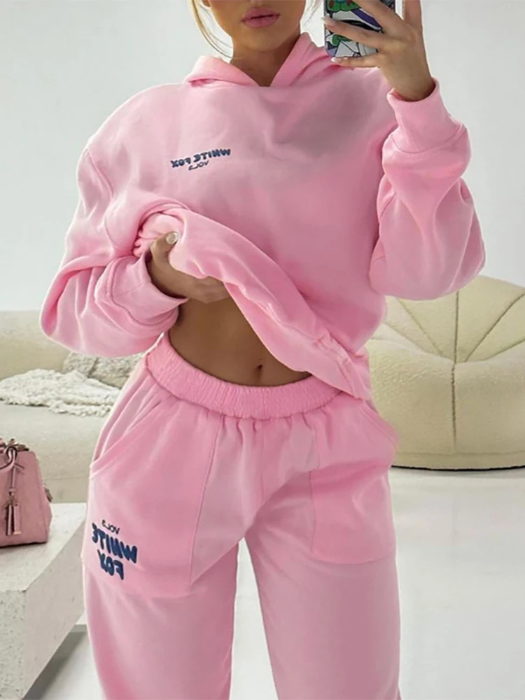 Absobe Hooded Sweatshirt Pants Set Contrast Letter Print Women Pink Long Sleeve Hoodie Trousers Sports Suit Autumn Streetwear