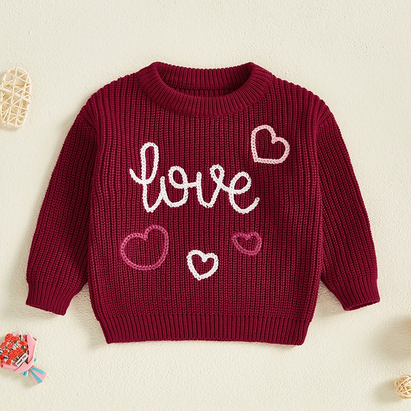 Toddler Baby Valentine s Day Sweaters Letter Heart Embroidery Long Sleeve Round Neck Knit Pullover