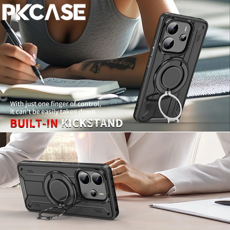 PKCASE 360° °   Metall Ring Halterung Magnetische Telefon Fall Für Redmi Hinweis 14S 14 13 Pro Plus 4G 5G stoßfest Rüstung Abdeckung Für Redmi A5