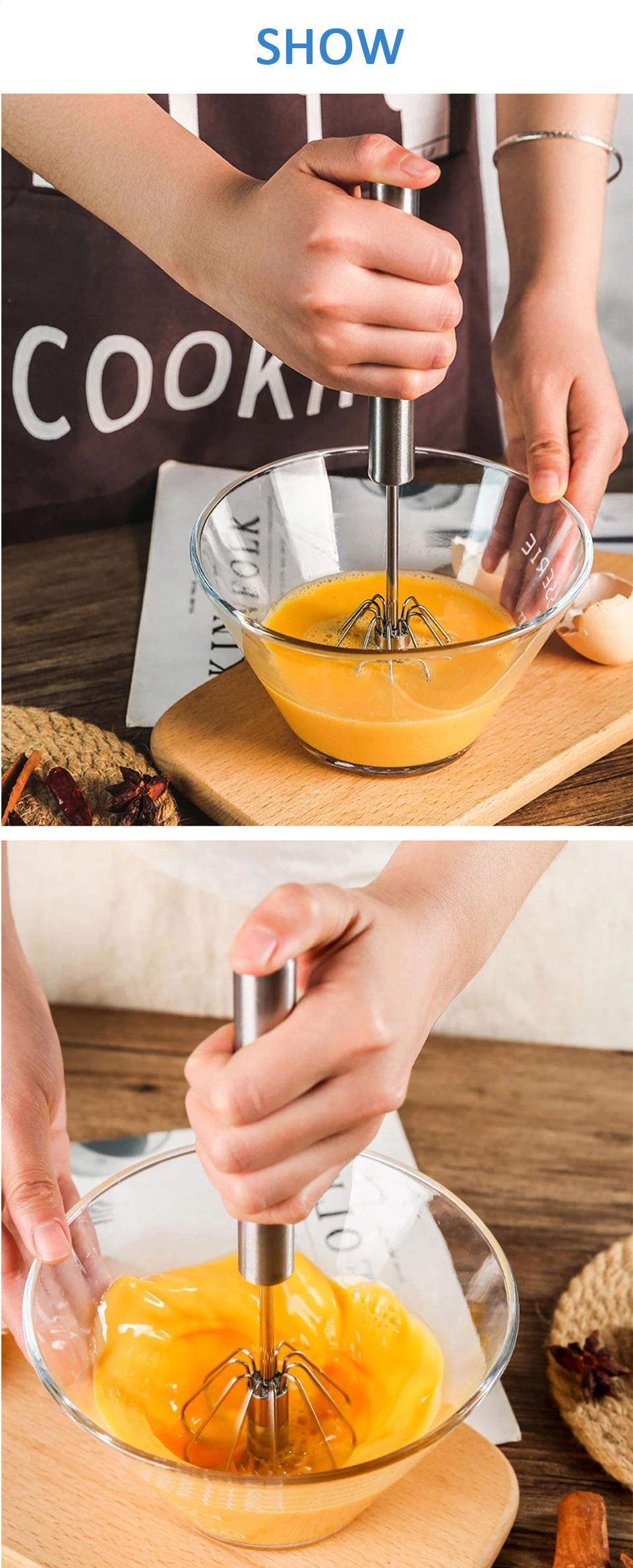 304 Edelstahl Schneebesen halbautomat ische Schneebesen manuelle Hand mixer selbst drehende Eier rührer Küchen zubehör Eier werkzeuge – Detail 7