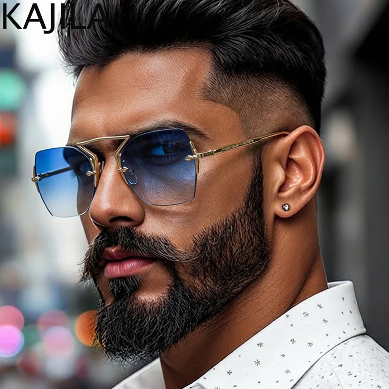 

Rimless Square Punk Polygon Sunglasses Men 2025 Luxury Brand Vintage Steampunk Metal Frame Sun Glasses Retro Driving Shade UV400