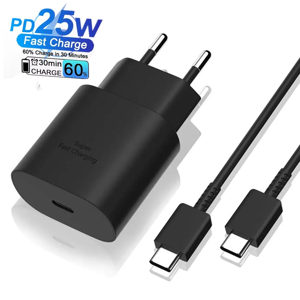 100% New 25W PD TYPE C Super Fast Charger For Samsung Galaxy S21 S22 S23 S24 Ultra A54 A53 A34 USB C power Adapter with Cable