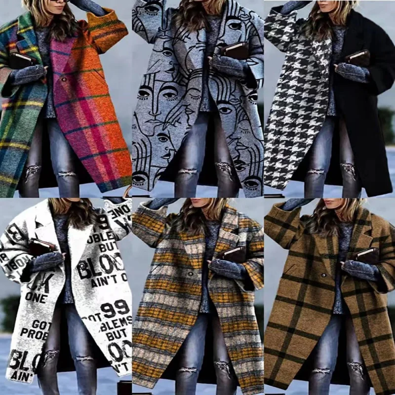 M8753New2024European and American Autumn Cross-Border Women's Clothing Amazon Long Sleeve Turn-down Collar Coat Printed Woolen L