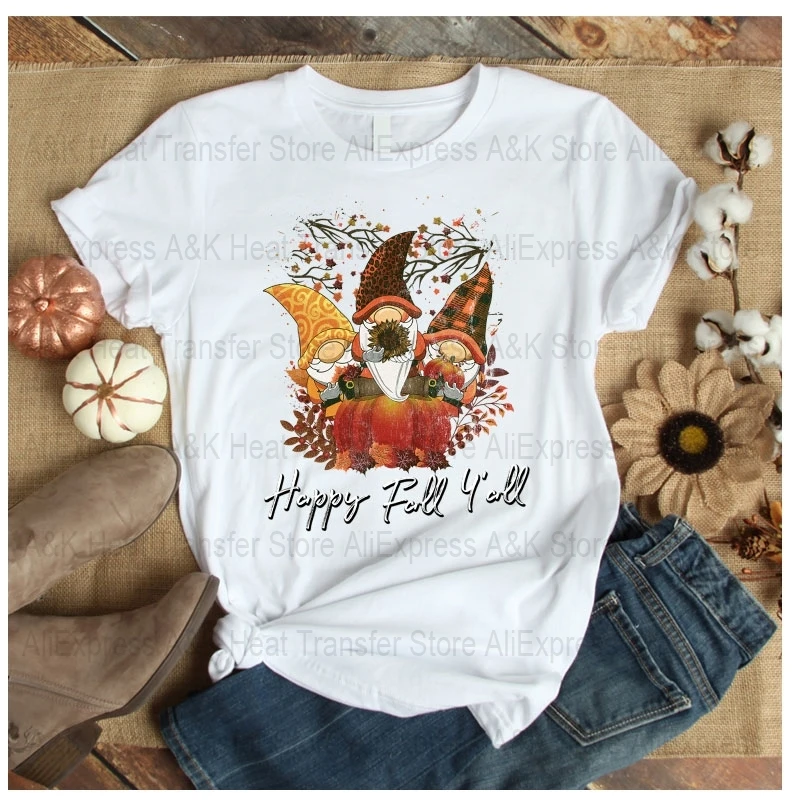 Happy Fall Yall Gnome Leopard Heat Transfer Vinyl Sticker For Clothes Iron-on Transfers Pumpin Thanks Giving Day Stickers Patch