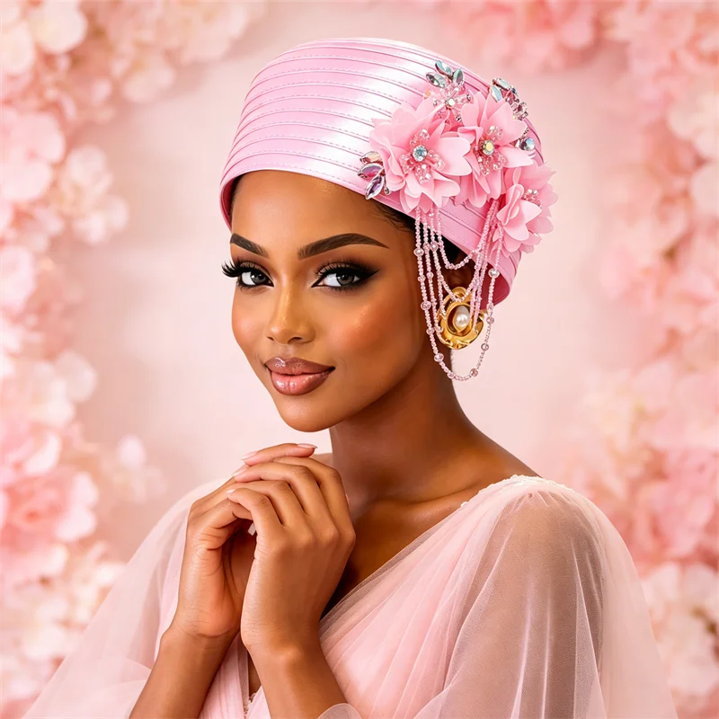 African Geles Women Satin Church Turban Fascinator Hat Rhinestone Flower Pearl Tassel Cap Wedding Formal Head Wrap Hijab Bonnet