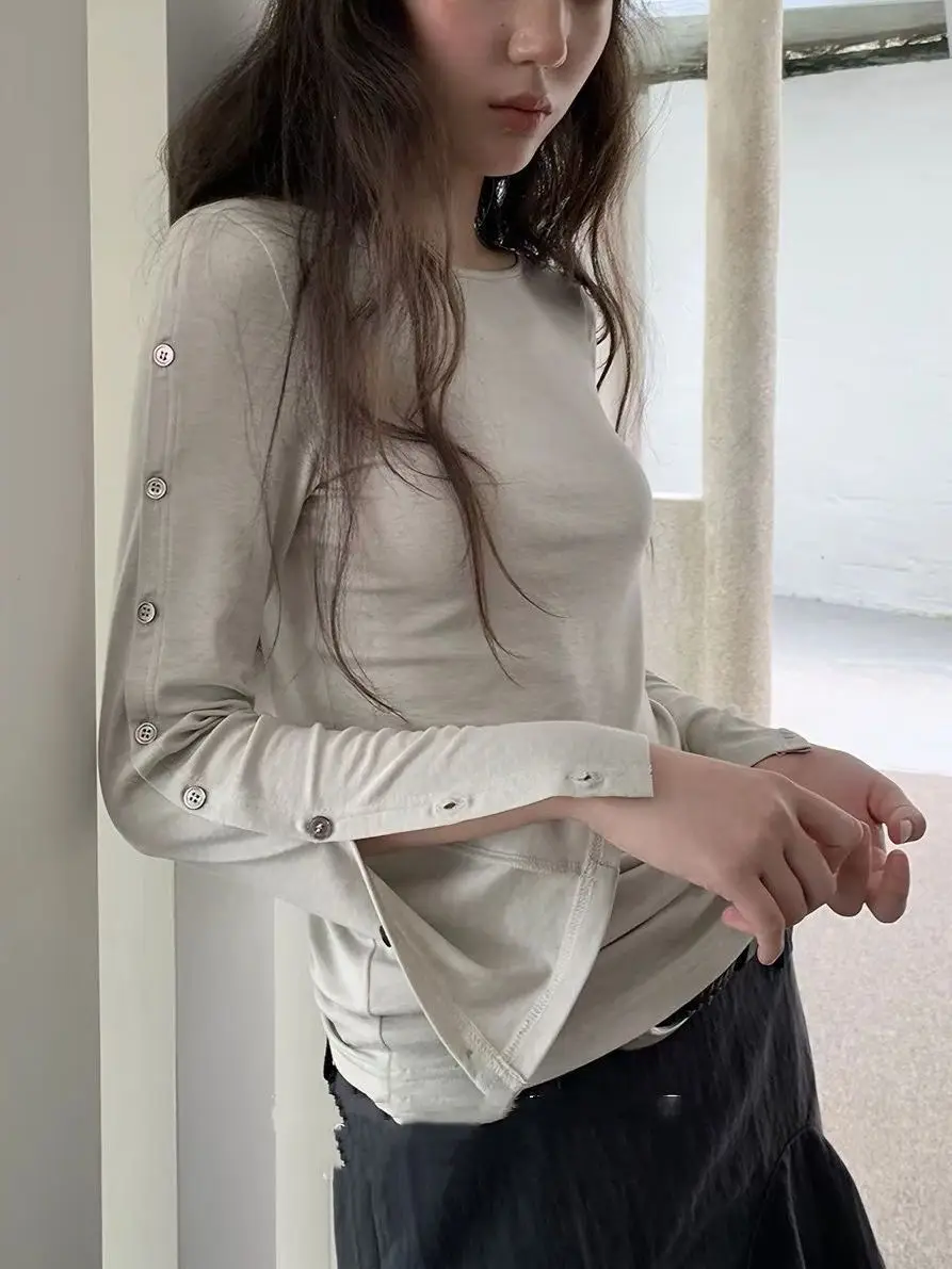 Kimotimo Autumn New Button Flare Sleeve T-Shirt Women Versatile Long Sleeve Top Commuter Slim Fit High-End Ins Style Blouse